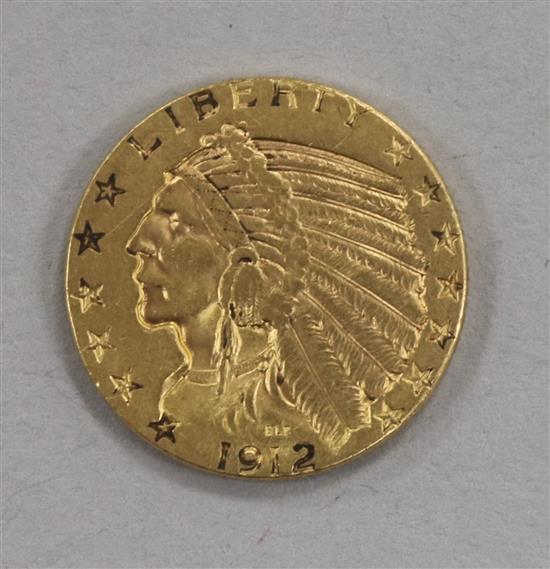 A United States of America five dollar gold Indian half eagle, 1912, 8.36g, VF